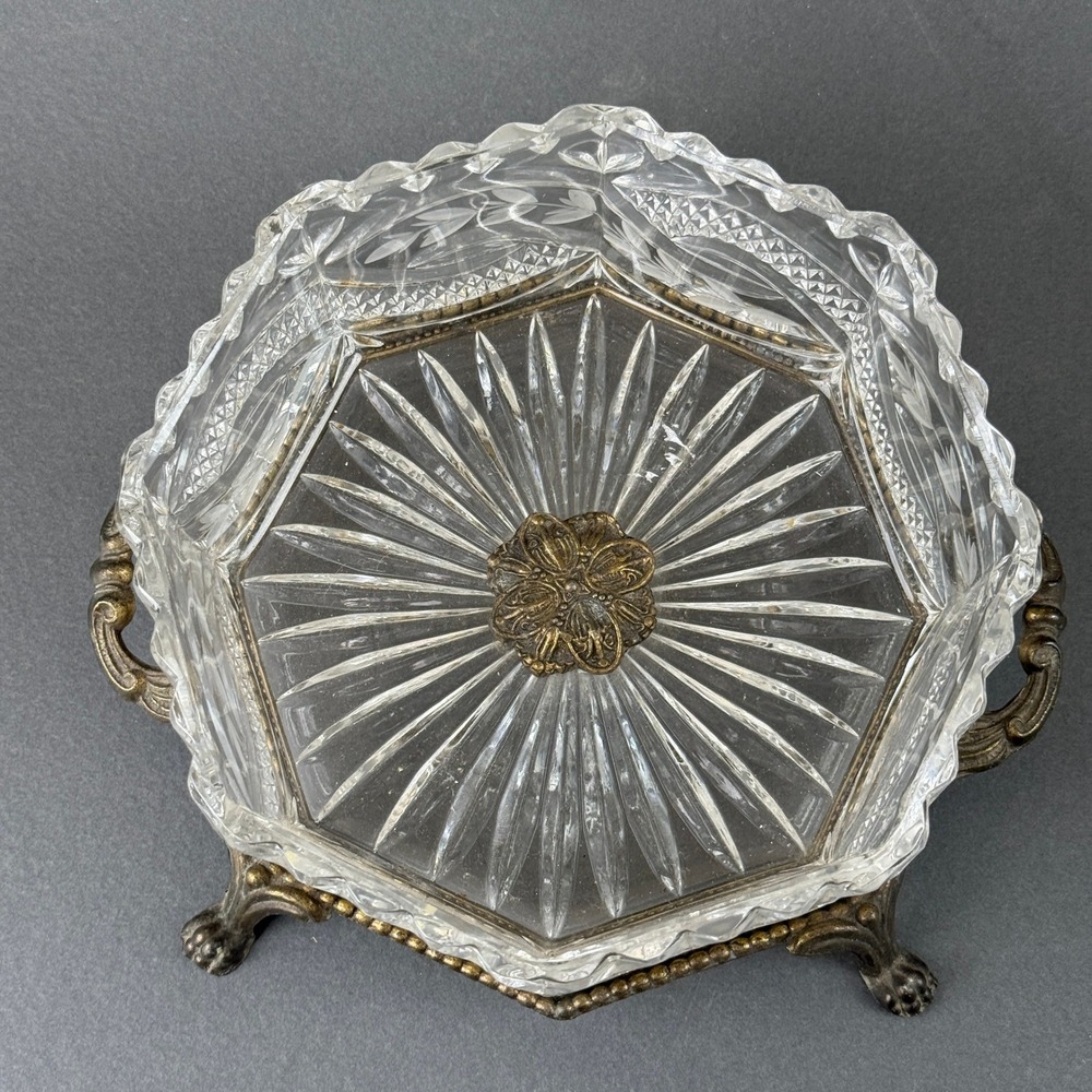 Vintage Cut Crystal Glass Bowl Ornate Metal Stand Claw Paw Feet Candy Dish - Picture 2 of 12